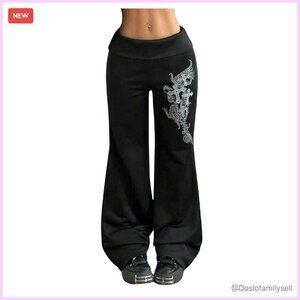 Y2k Grunge Graphic Fold Over Flare Pants Elastic Low Waist Casual Trousers